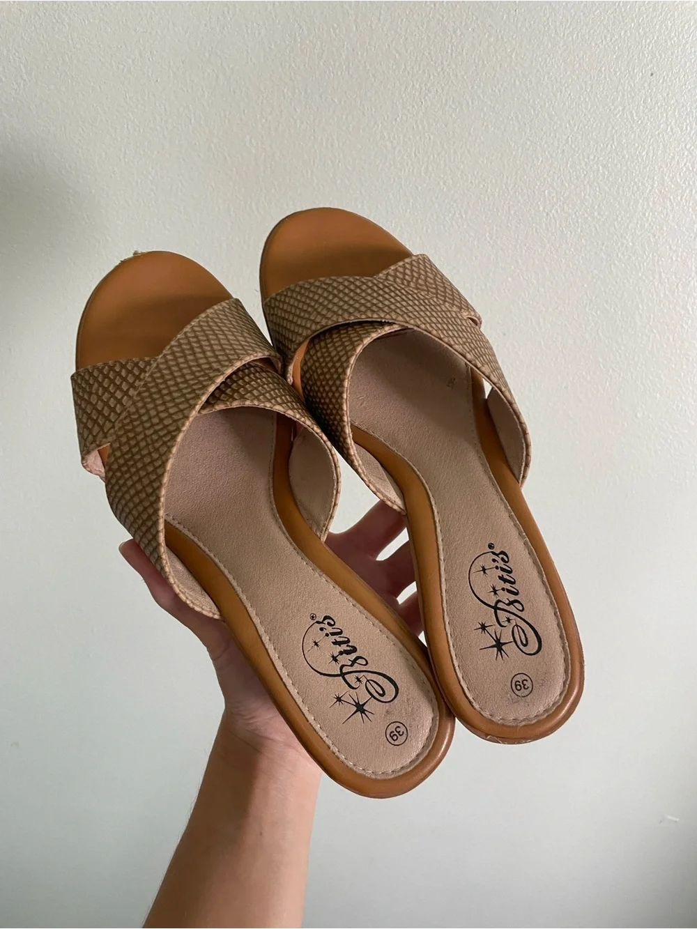 “Woven” look Tan Crossband Slide Mules Heel Sandals